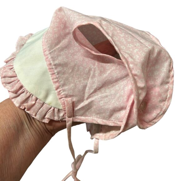 Vintage Handmade Pink Floral & White Blue Trim Baby Bonnet Cap Hat Lot of 2 - Picture 4 of 6